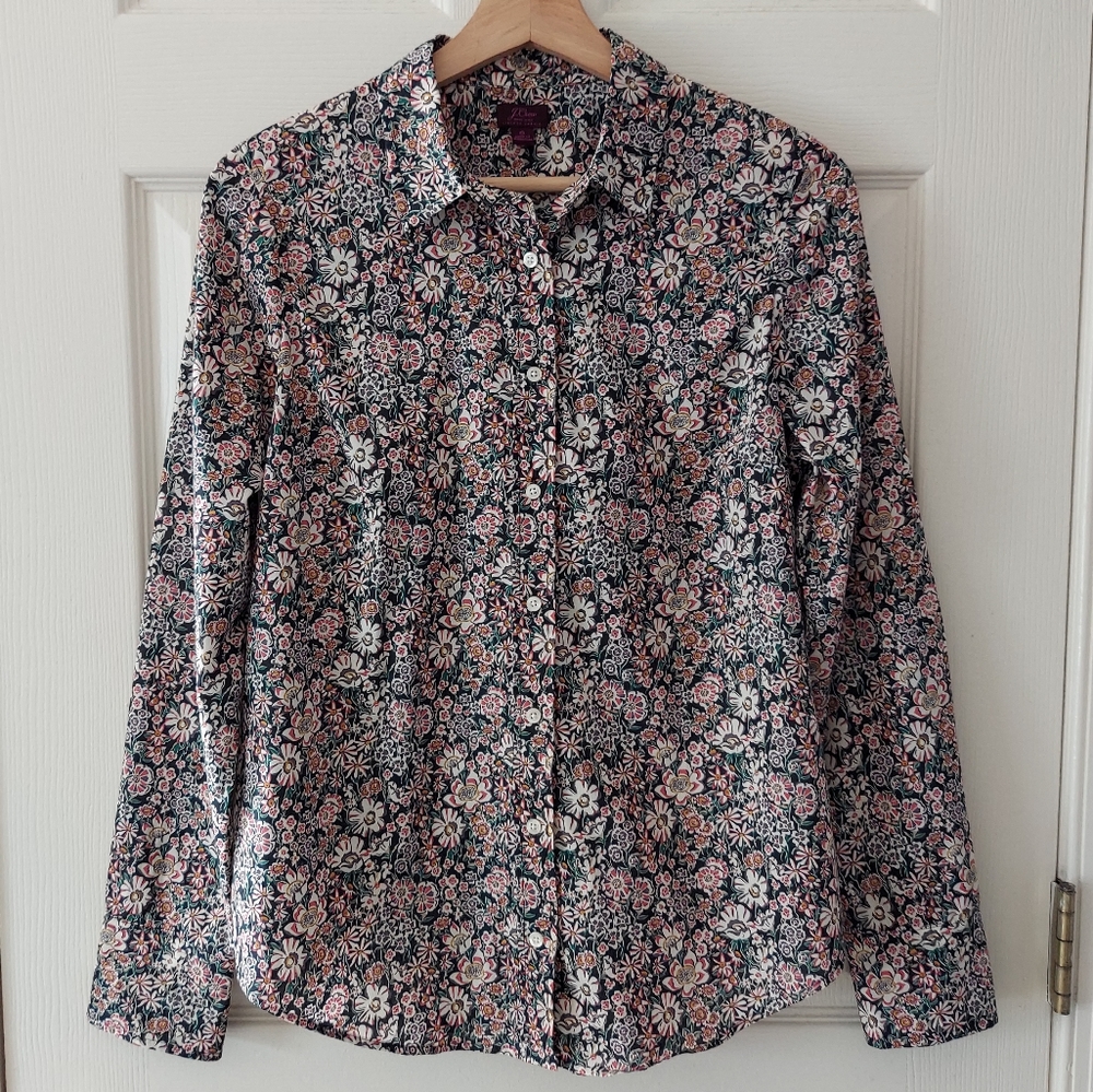 J Crew Liberty White Garden Floral Slim Perfect Shirt Top Blouse Size 6